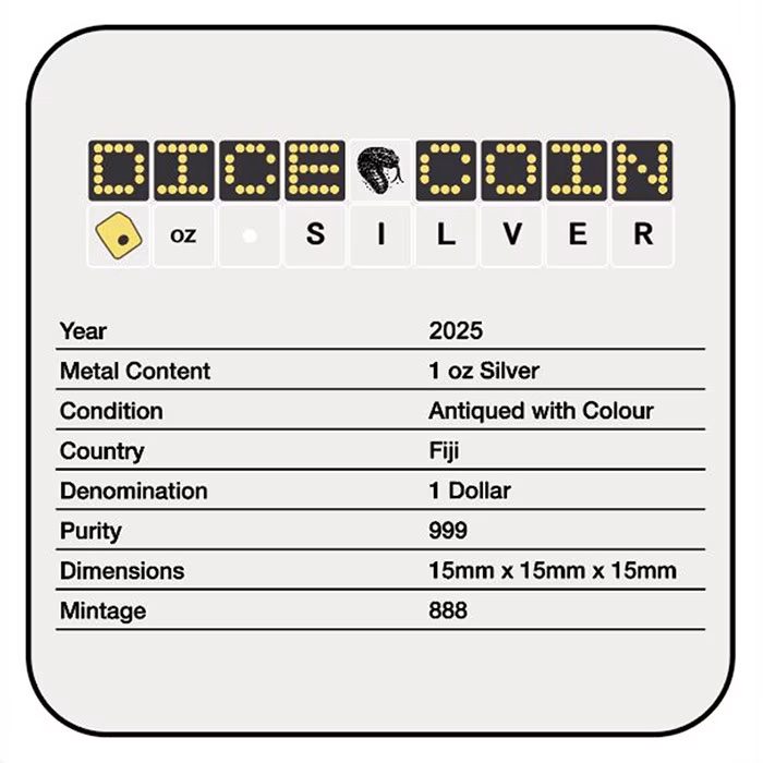 2025 1 oz Fiji Lunar Year of the Snake .999 Silver Antique Dice Coin - Image 3